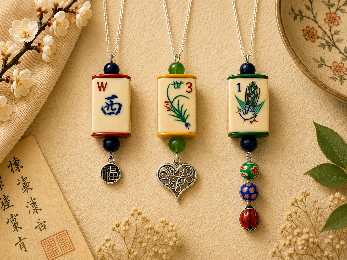 Handmade Vintage Bone and Bamboo Mah-Jongg Necklace with Vintage Coins (Your choice of Beads, Coins, and Charm)