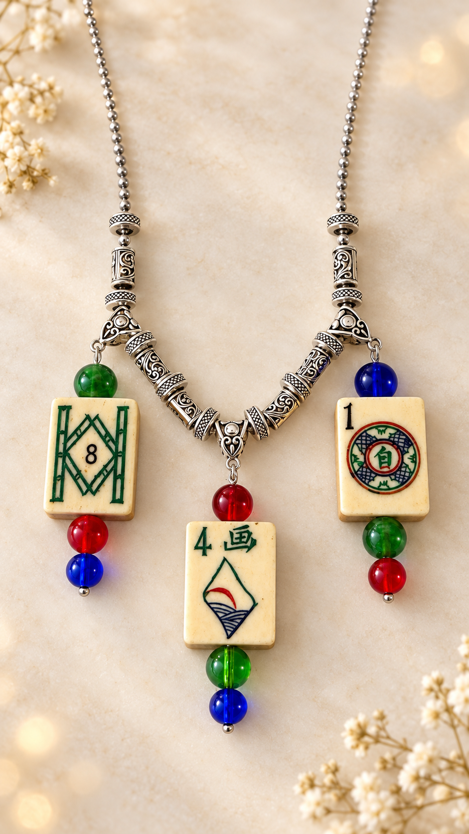 Very Unique Vintage Triple Tile Mahjong Necklace - Mah Jong gift for hosts and mah-jongg enthusiasts