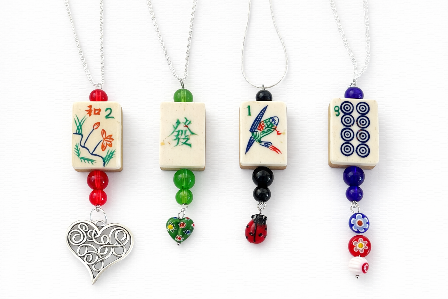 Vintage Bone & Bamboo Mah-Jongg Necklace with Glass Beads and Charm (Your Choice)