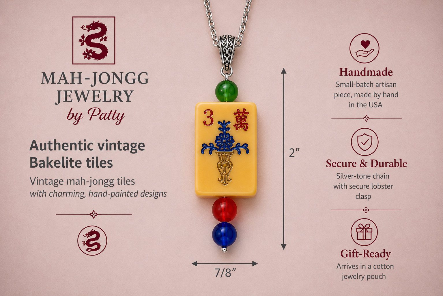 Vintage Handmade Mah-Jongg Tile Necklace - Bakelite Pendant