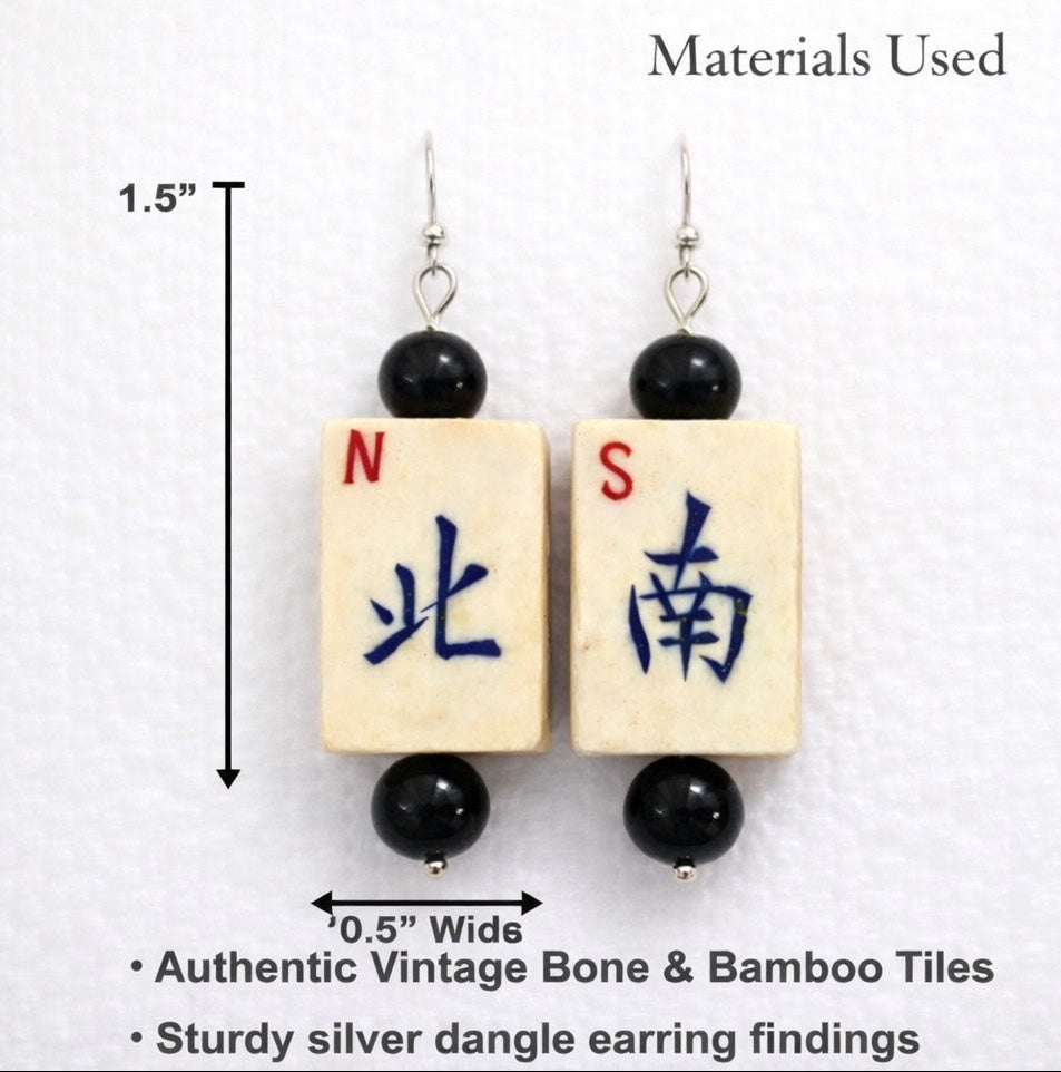 Vintage Handmade Bone and Bamboo Mah-Jongg Dangle Earrings
