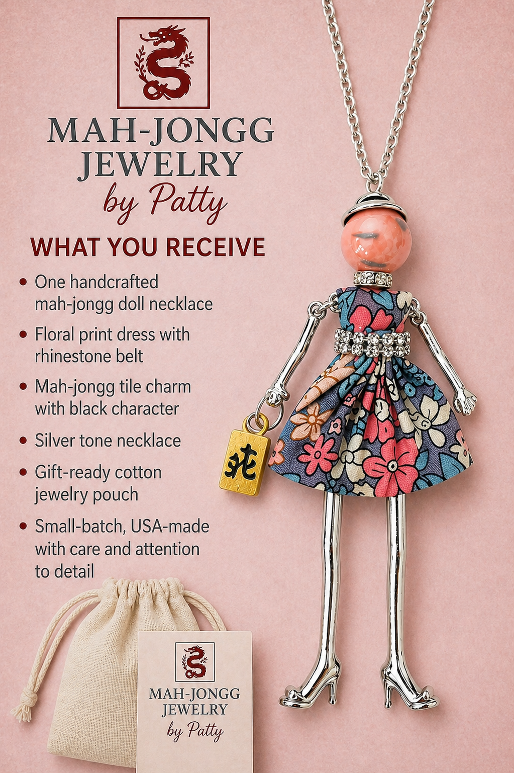 Mah Jongg Doll Trinket Necklace - Unique Gift for Mahjong Lovers