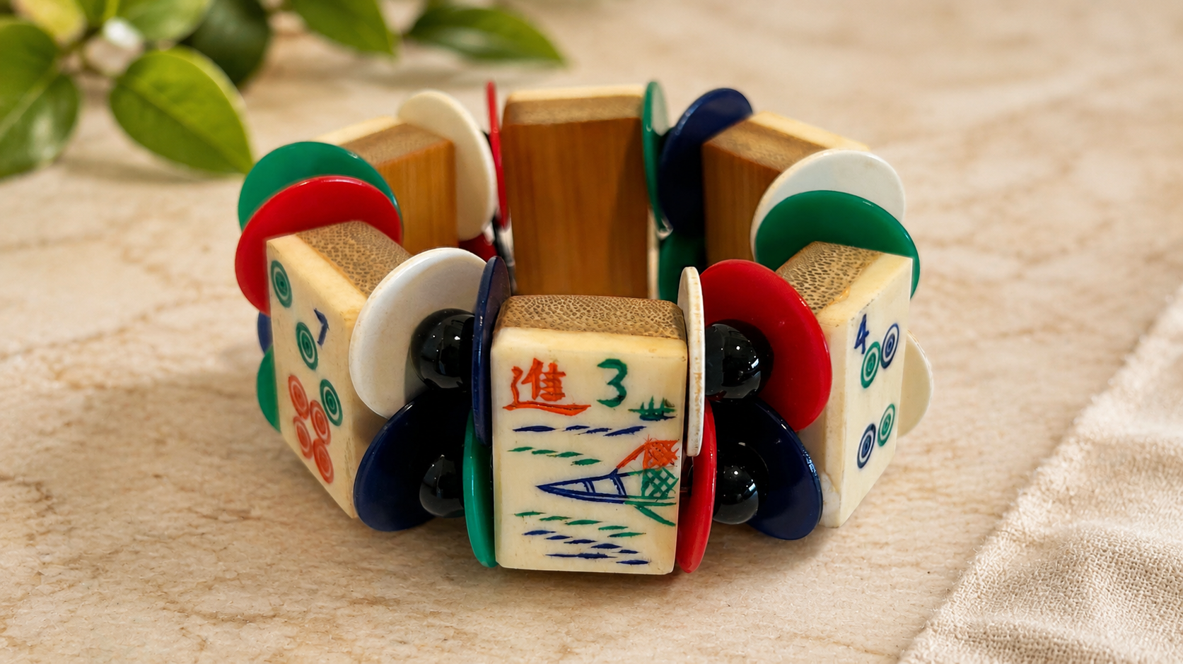 Funky Vintage Bone and Bamboo Mah-Jongg Tile Bracelet with Vintage MJ Coins
