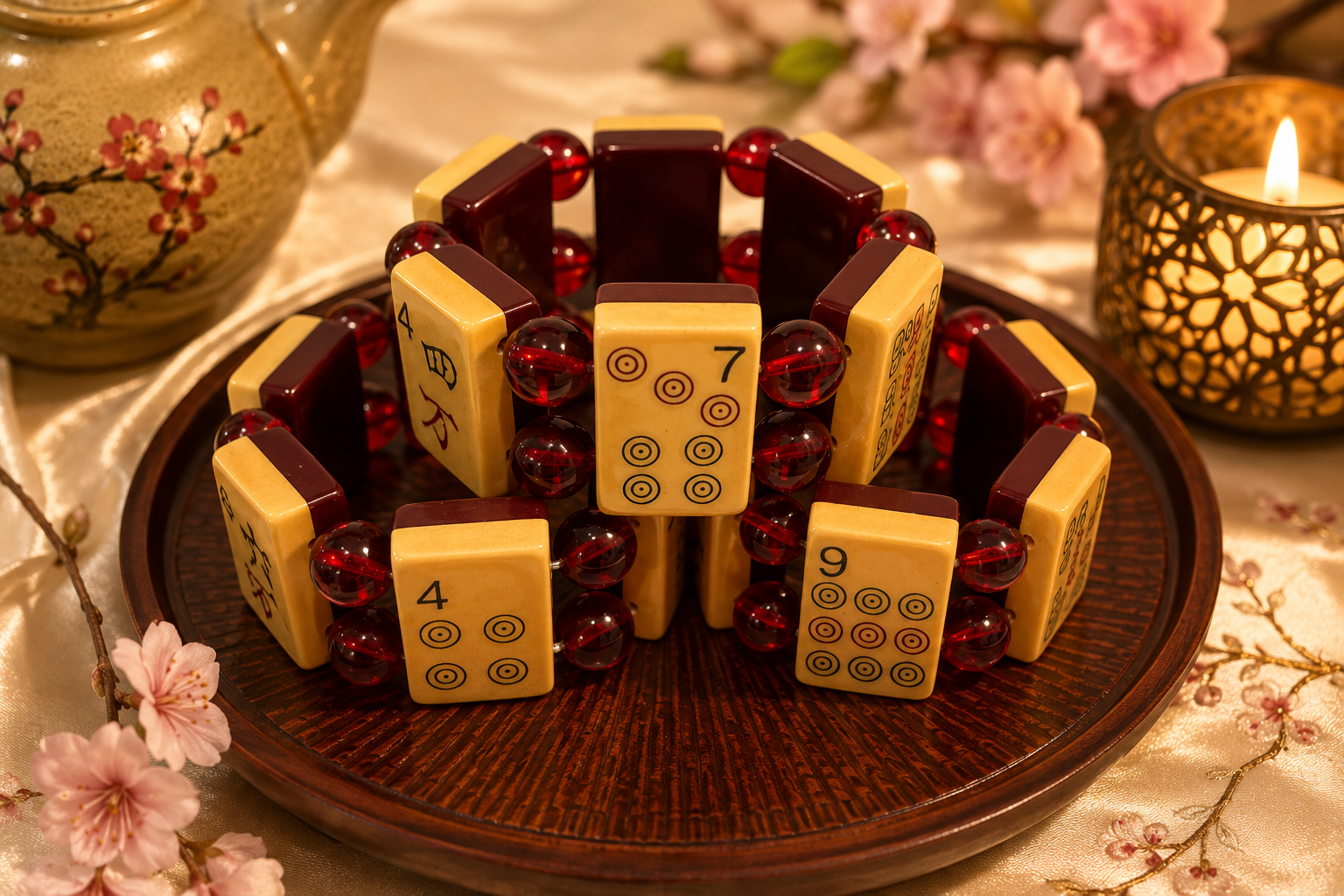 Vintage Handmade Limited Edition Burgundy Backed Bakelite Mah-Jongg Bracelet