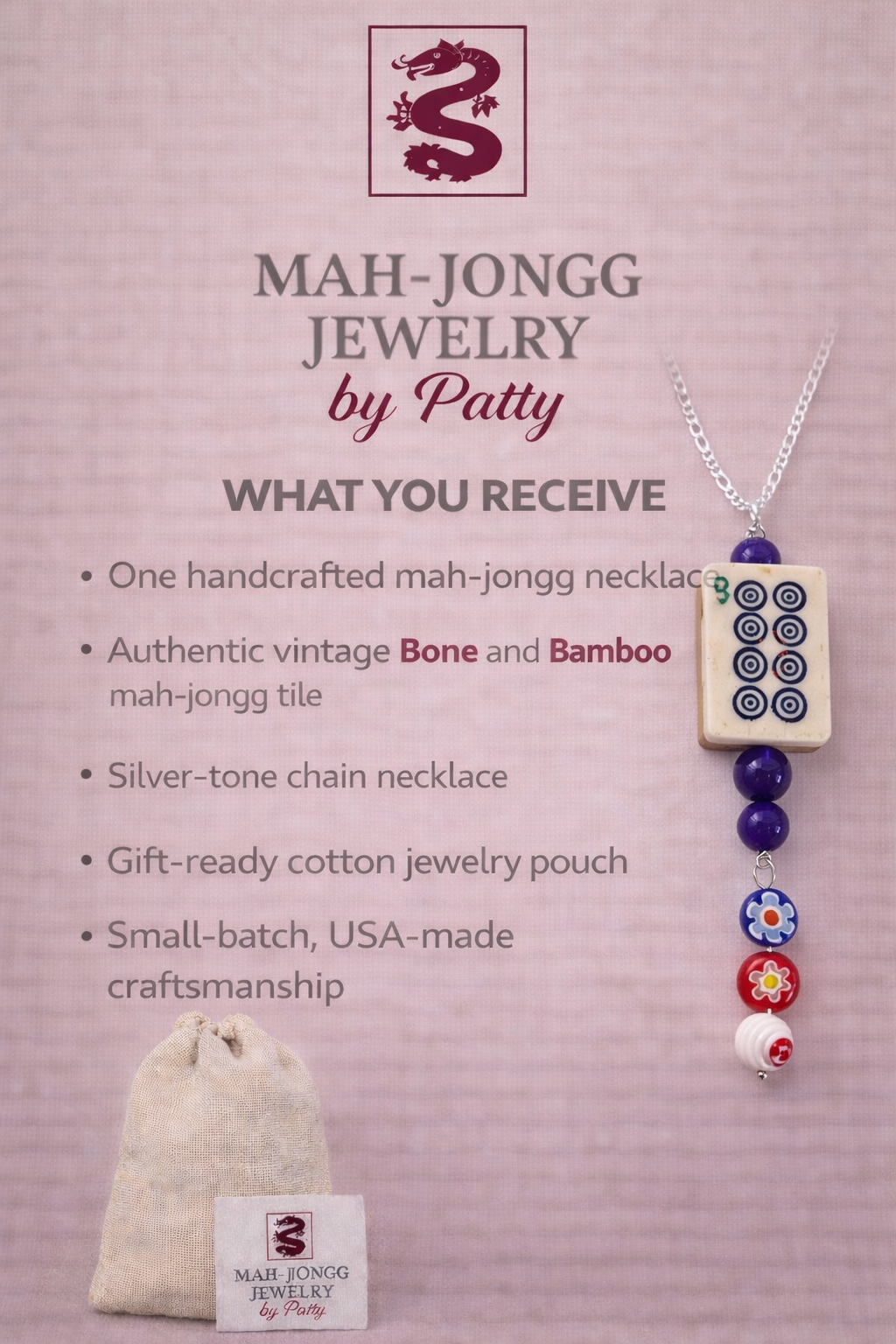 Vintage Bone & Bamboo Mah-Jongg Necklace with Glass Beads and Charm (Your Choice)