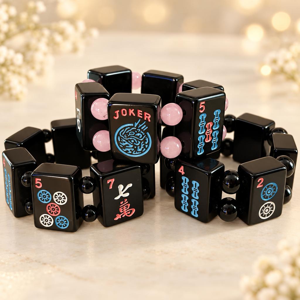 Black Mah Jongg Tile Bracelet | Colorful Beaded Mahjong Jewelry | Gift for Mahjong Players