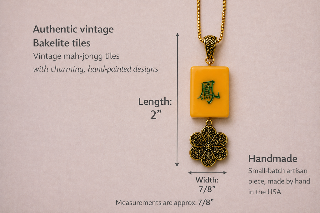 Handmade Vintage Bakelite Mah-Jongg Tile Necklace with Antiqued Gold Charm