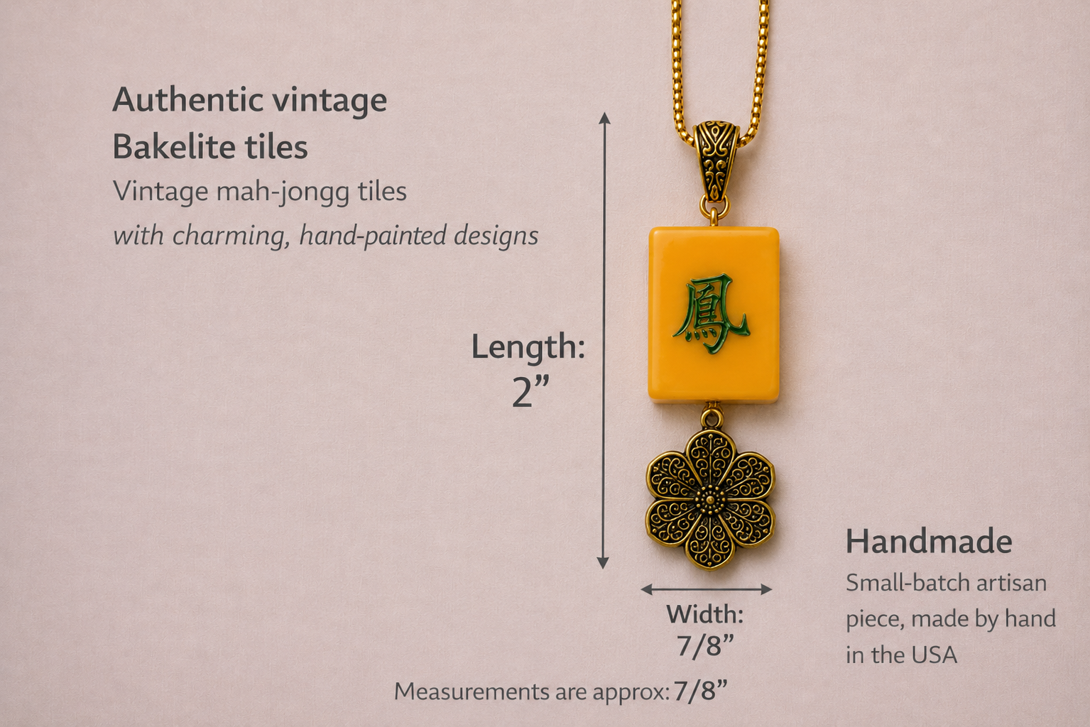 Handmade Vintage Bakelite Mah-Jongg Tile Necklace with Antiqued Gold Charm