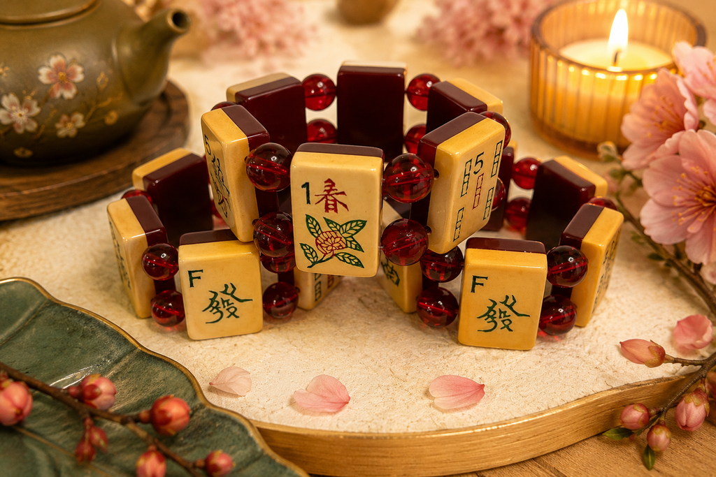 Vintage Handmade Limited Edition Burgundy Backed Bakelite Mah-Jongg Bracelet