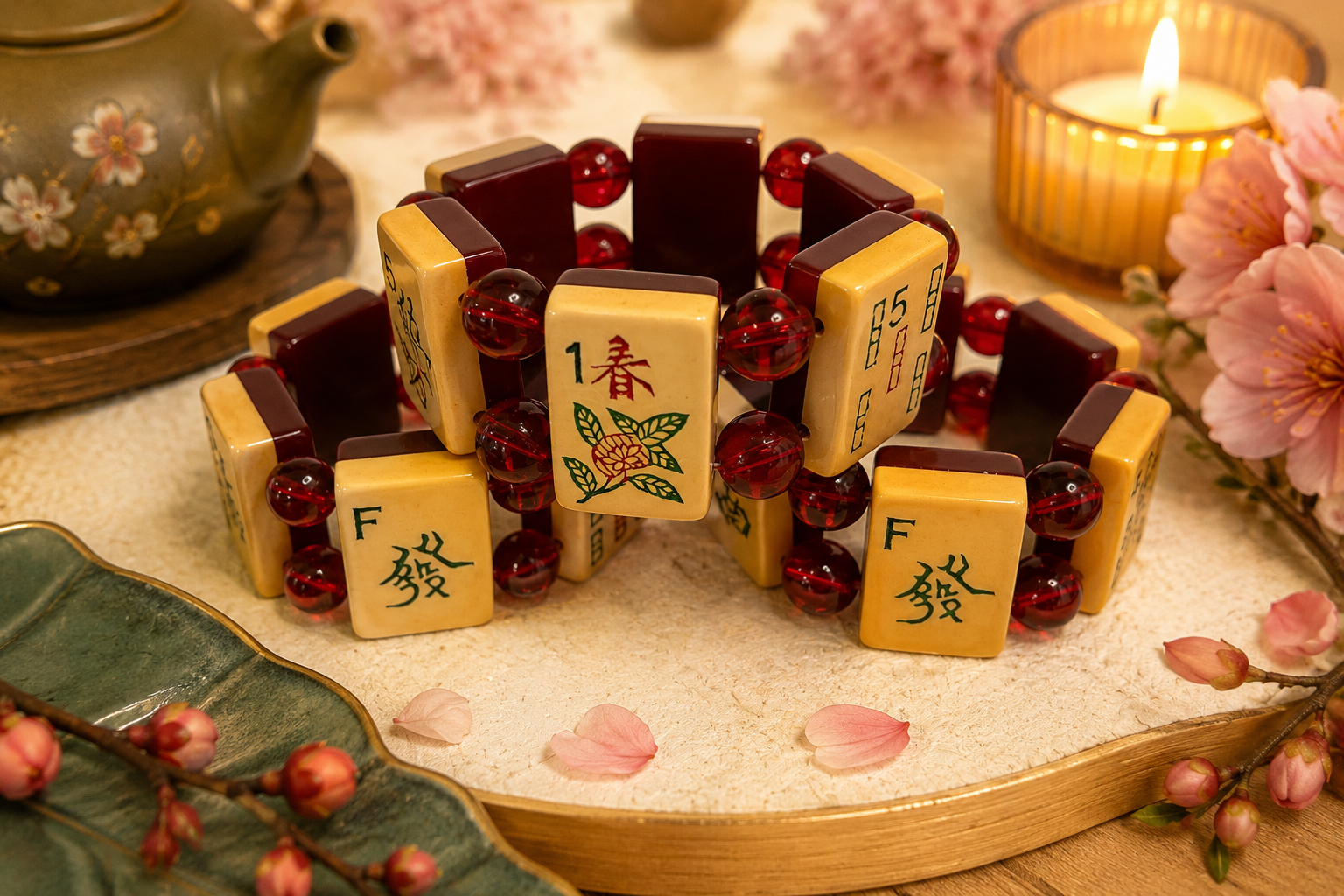Vintage Handmade Limited Edition Burgundy Backed Bakelite Mah-Jongg Bracelet