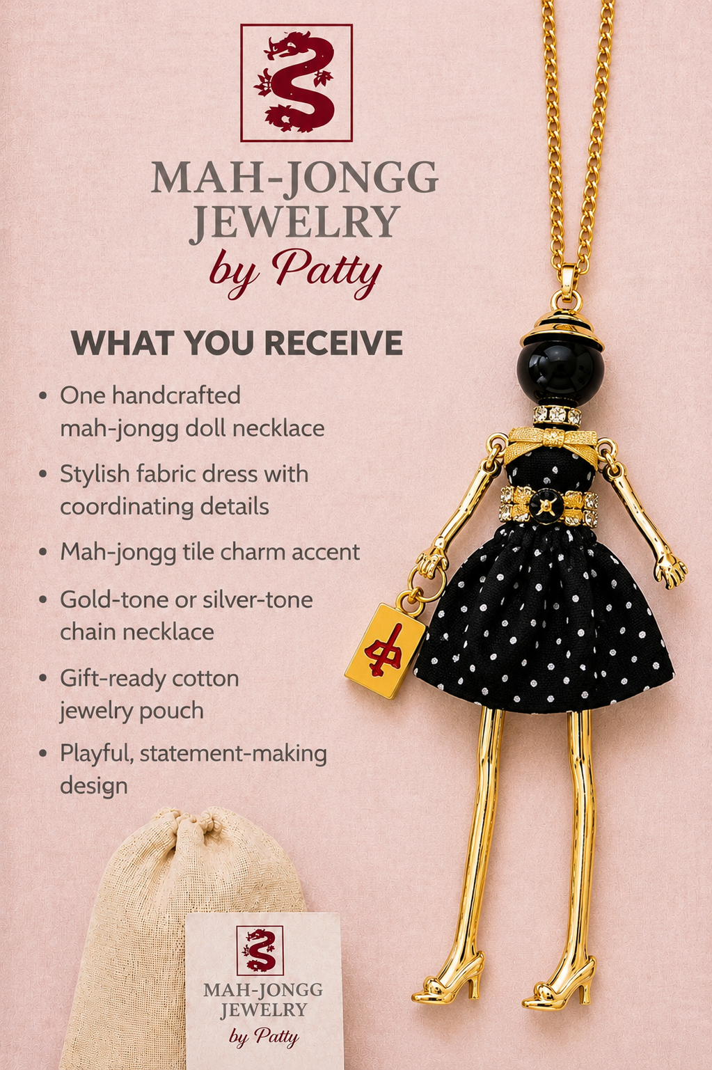 Mah Jongg Doll Trinket Necklace - Unique Gift for Mahjong Lovers