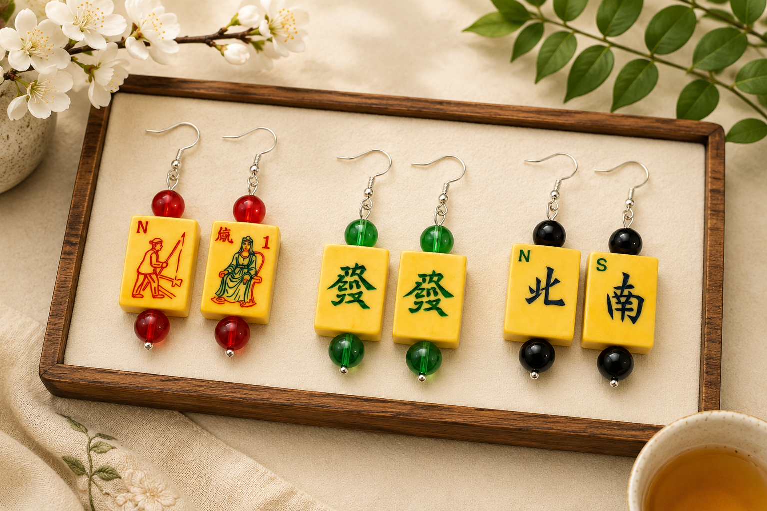 Vintage Handmade Bakelite Mah-Jongg Tile Dangle Earrings
