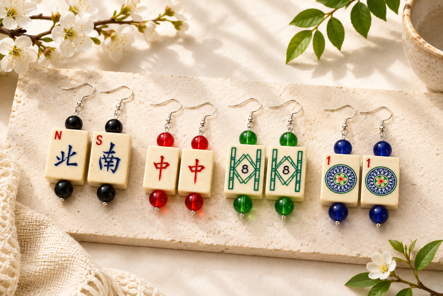 Vintage Handmade Bone and Bamboo Mah-Jongg Dangle Earrings