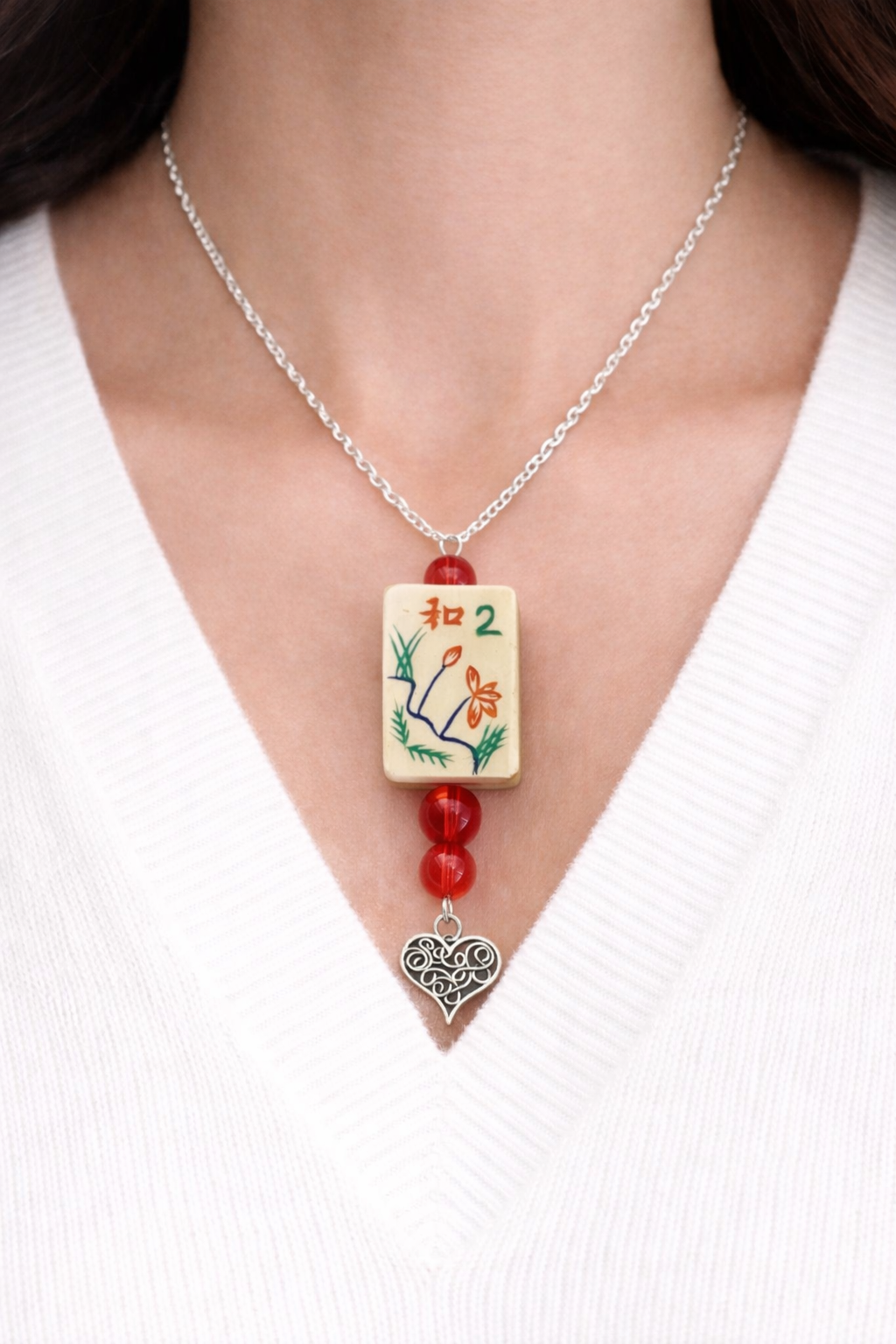 Vintage Bone & Bamboo Mah-Jongg Necklace with Glass Beads and Charm (Your Choice)