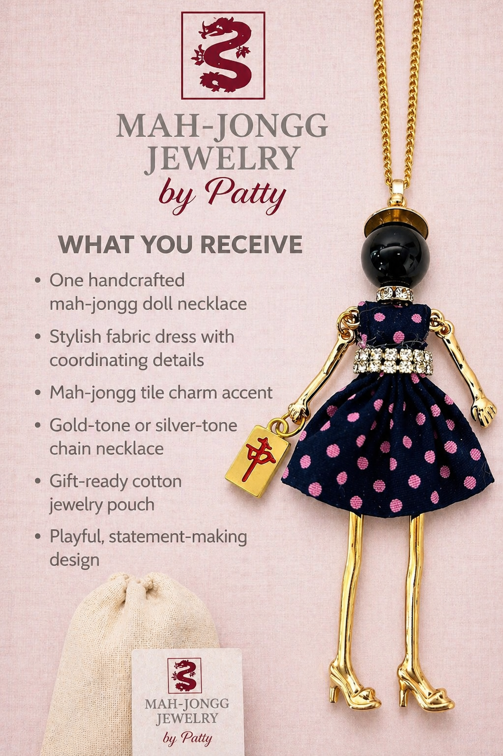 Mah Jongg Doll Trinket Necklace - Unique Gift for Mahjong Lovers