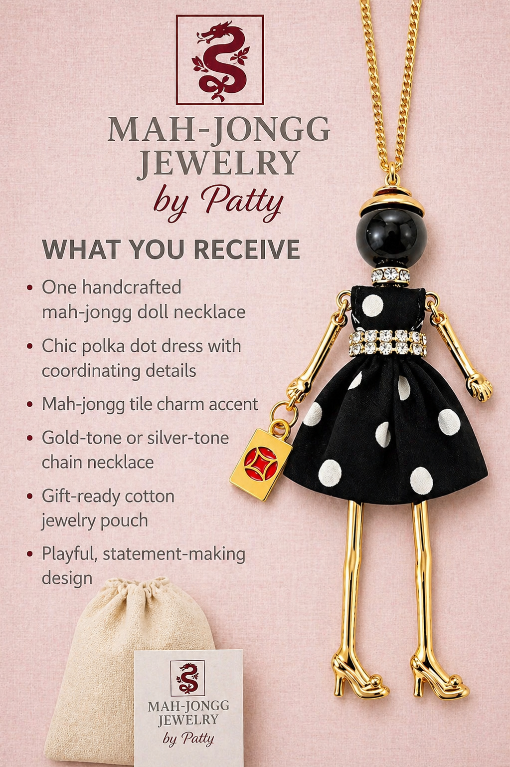 Mah Jongg Doll Trinket Necklace - Unique Gift for Mahjong Lovers