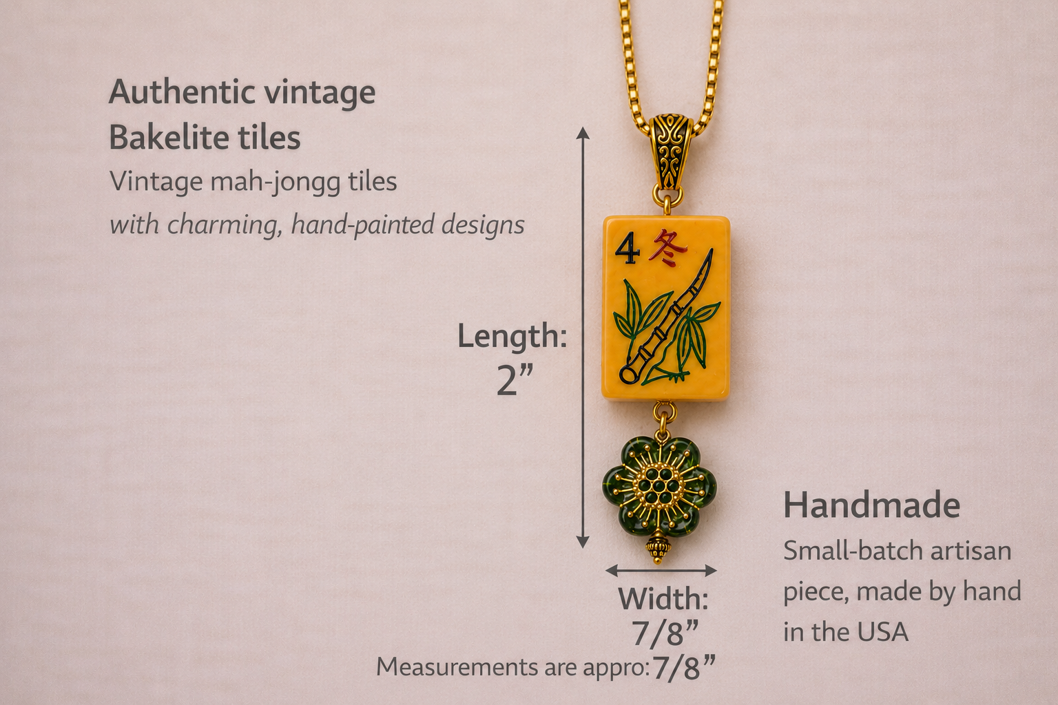 Handmade Vintage Bakelite Mah-Jongg Tile Necklace with Floral Charm