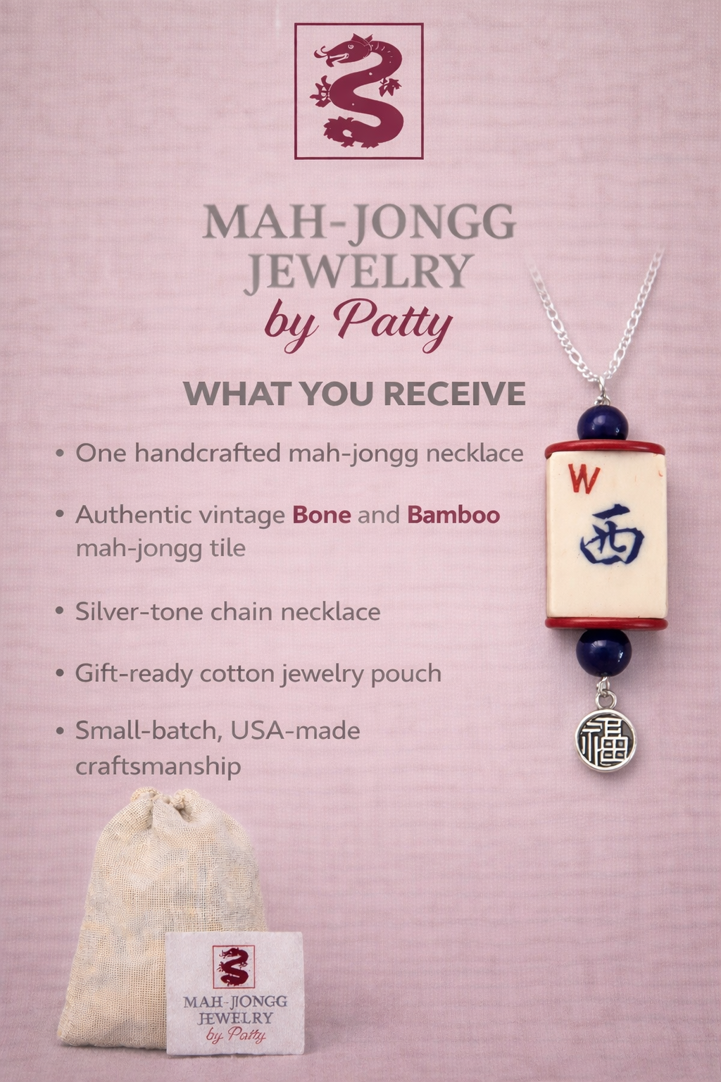 Handmade Vintage Bone and Bamboo Mah-Jongg Necklace with Vintage Coins (Your choice of Beads, Coins, and Charm)