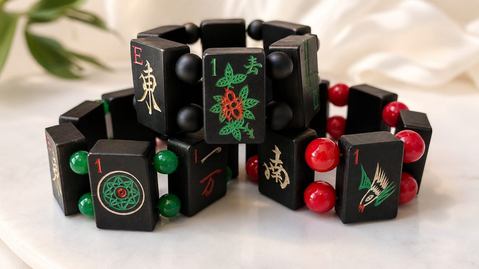 Unique Handmade Black Bamboo Mah Jong Bracelet (Choice of Beads/Size)