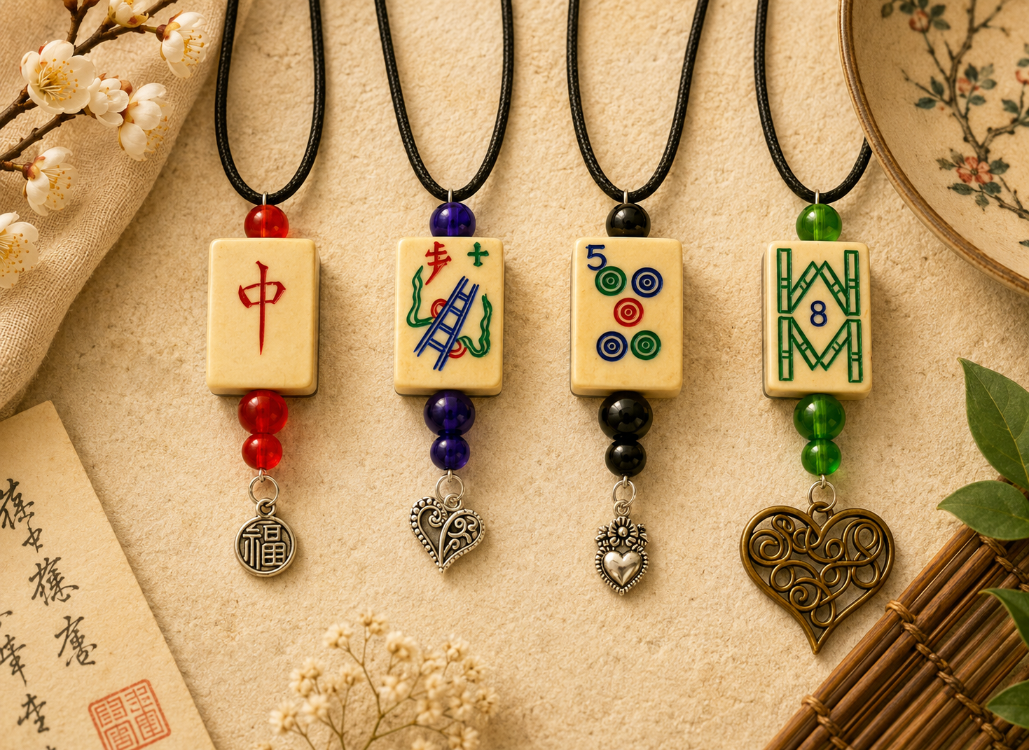 Handmade Vintage Bone and Bamboo Mah-Jongg Necklace with Choice of Beads and Charm