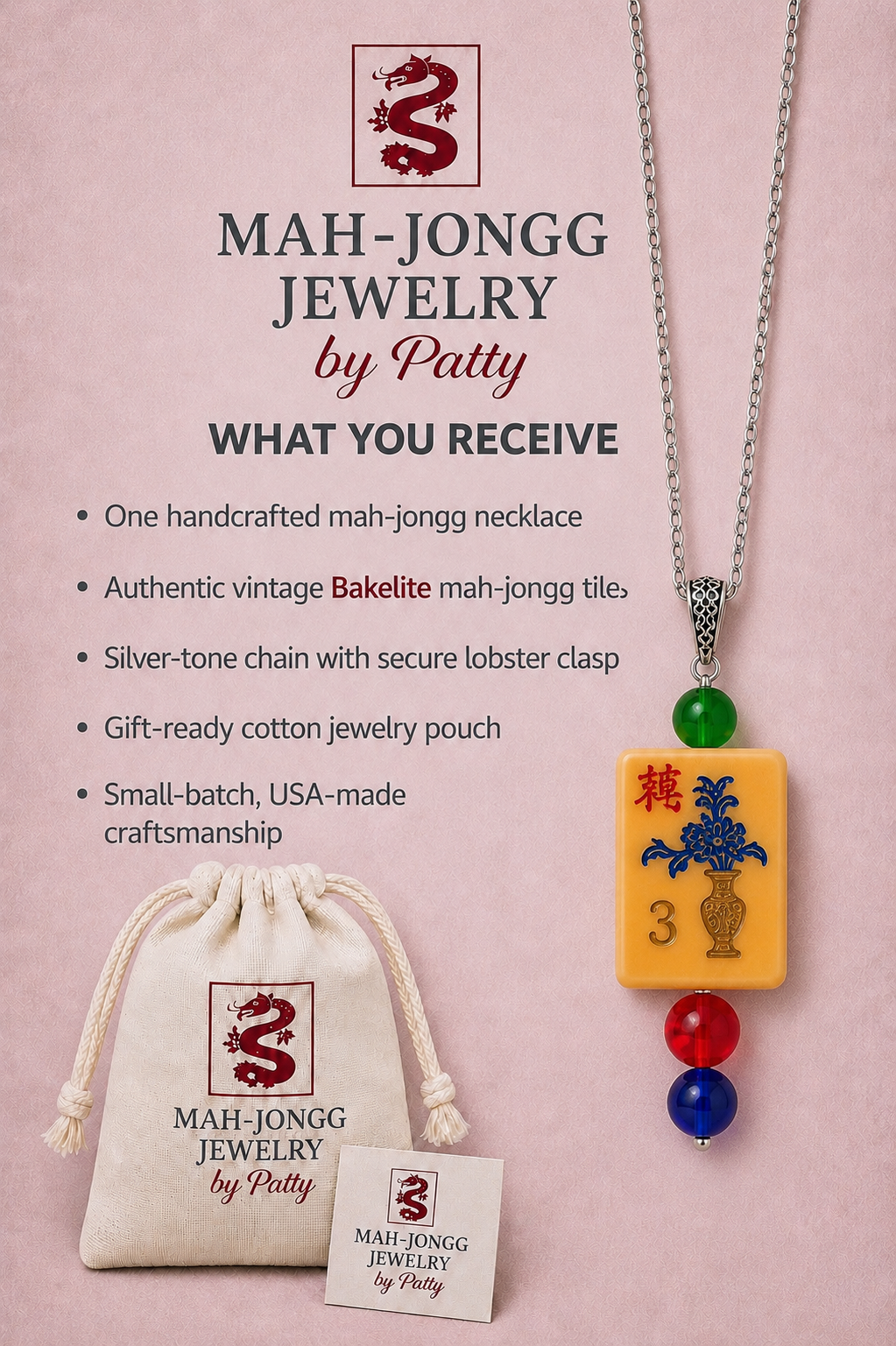 Vintage Handmade Mah-Jongg Tile Necklace - Bakelite Pendant