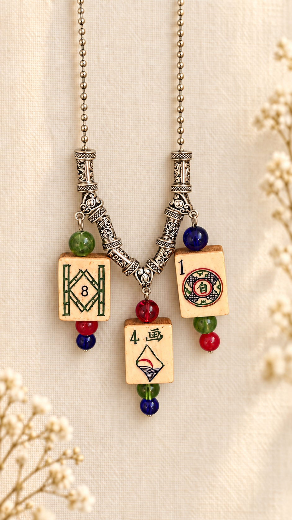 Very Unique Vintage Triple Tile Mahjong Necklace - Mah Jong gift for hosts and mah-jongg enthusiasts