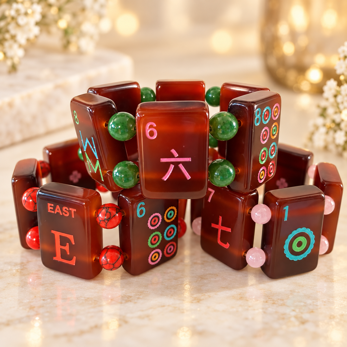 Faux Tortoise Shell Mah Jongg Tile Bracelet | Colorful Beaded Mahjong Jewelry | Gift for Mahjong Players