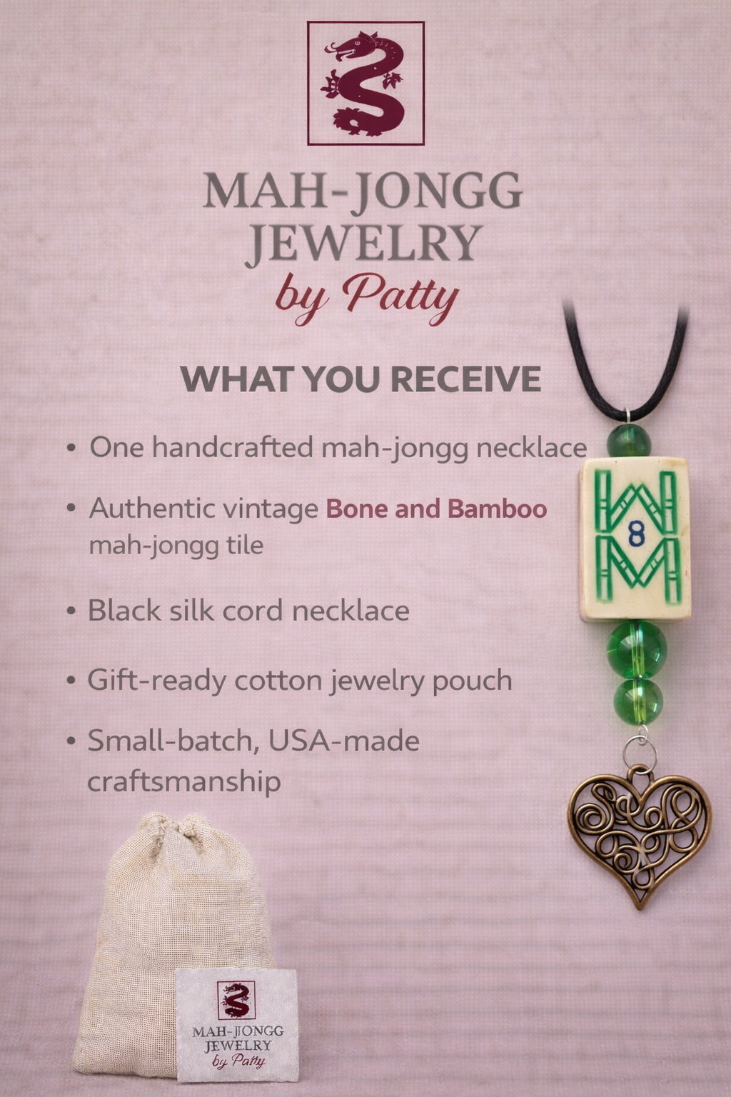 Handmade Vintage Bone and Bamboo Mah-Jongg Necklace with Choice of Beads and Charm