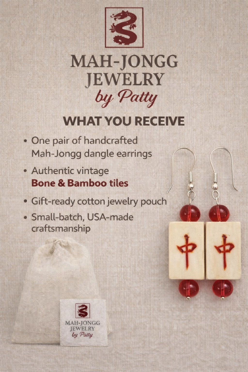 Vintage Handmade Bone and Bamboo Mah-Jongg Dangle Earrings