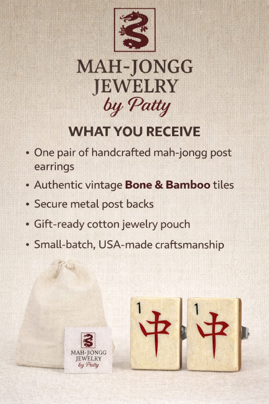 Vintage Handmade Bone & Bamboo Mah-Jongg Earrings