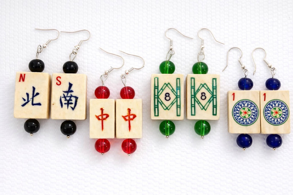 Vintage Handmade Bone and Bamboo Mah-Jongg Dangle Earrings