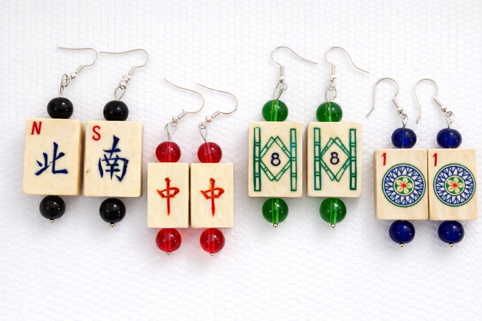 Vintage Handmade Bone and Bamboo Mah-Jongg Dangle Earrings