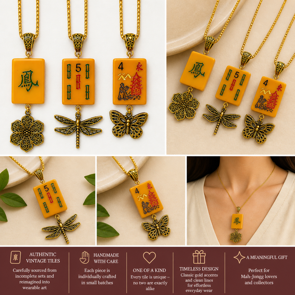 Handmade Vintage Bakelite Mah-Jongg Tile Necklace with Antiqued Gold Charm