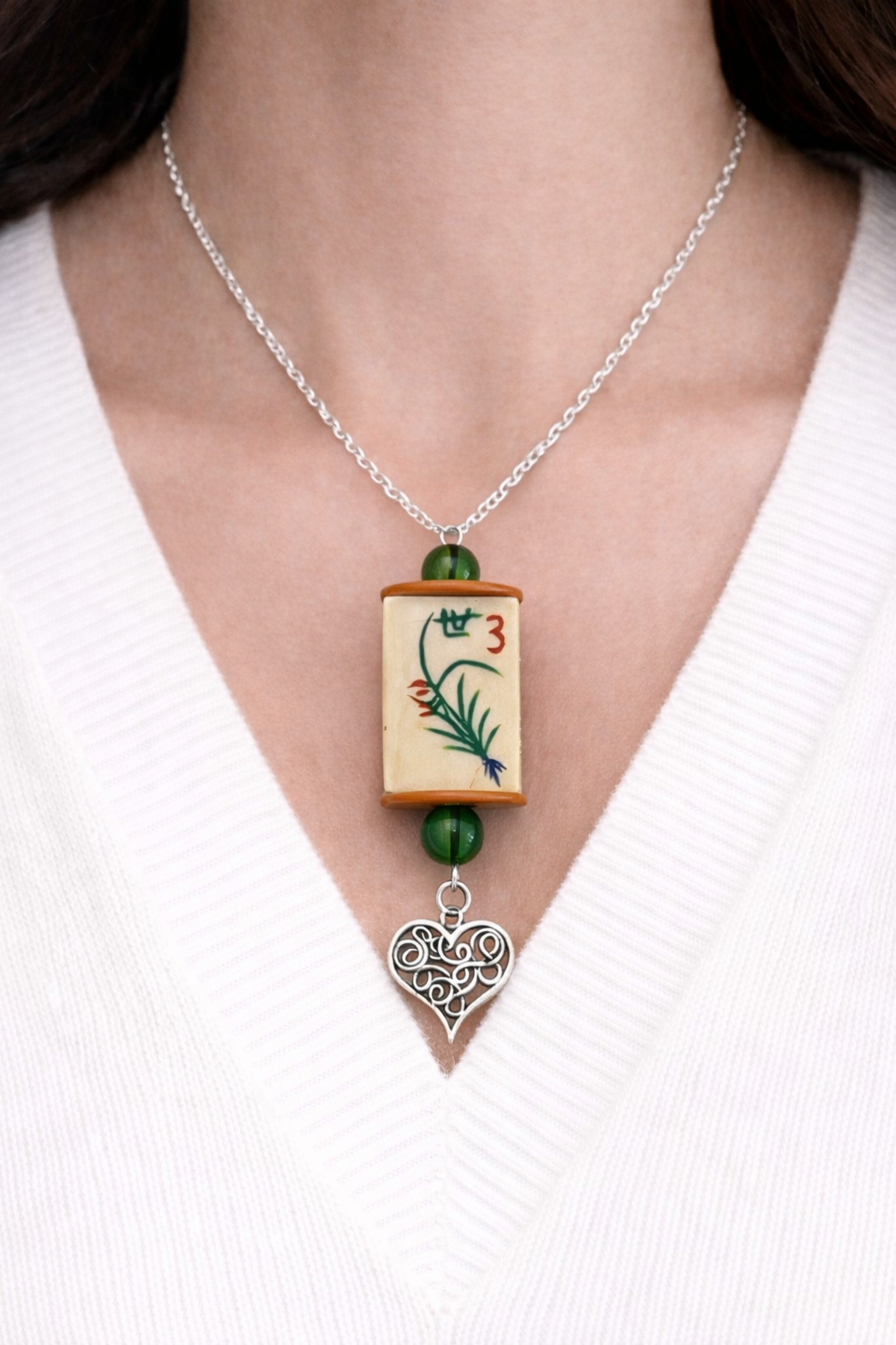 Handmade Vintage Bone and Bamboo Mah-Jongg Necklace with Vintage Coins (Your choice of Beads, Coins, and Charm)
