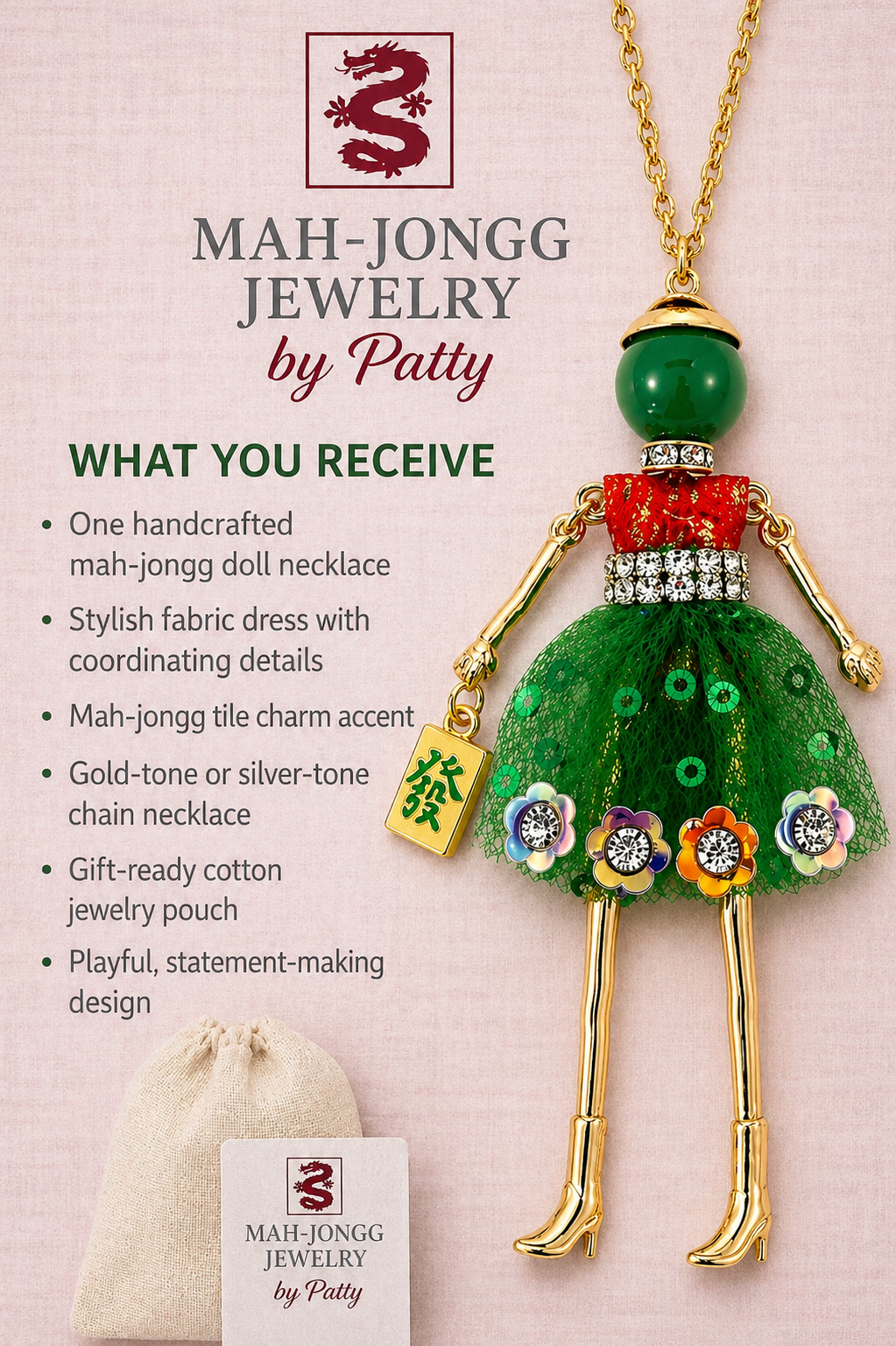 Mah Jongg Doll Trinket Necklace - Unique Gift for Mahjong Lovers