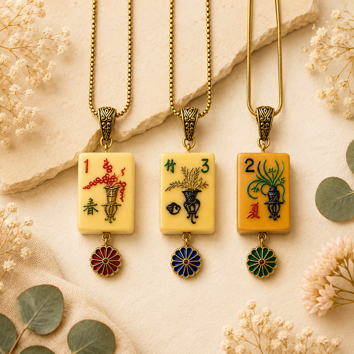 Handmade Vintage Bakelite Mah-Jongg Tile Necklace with Enamel 
