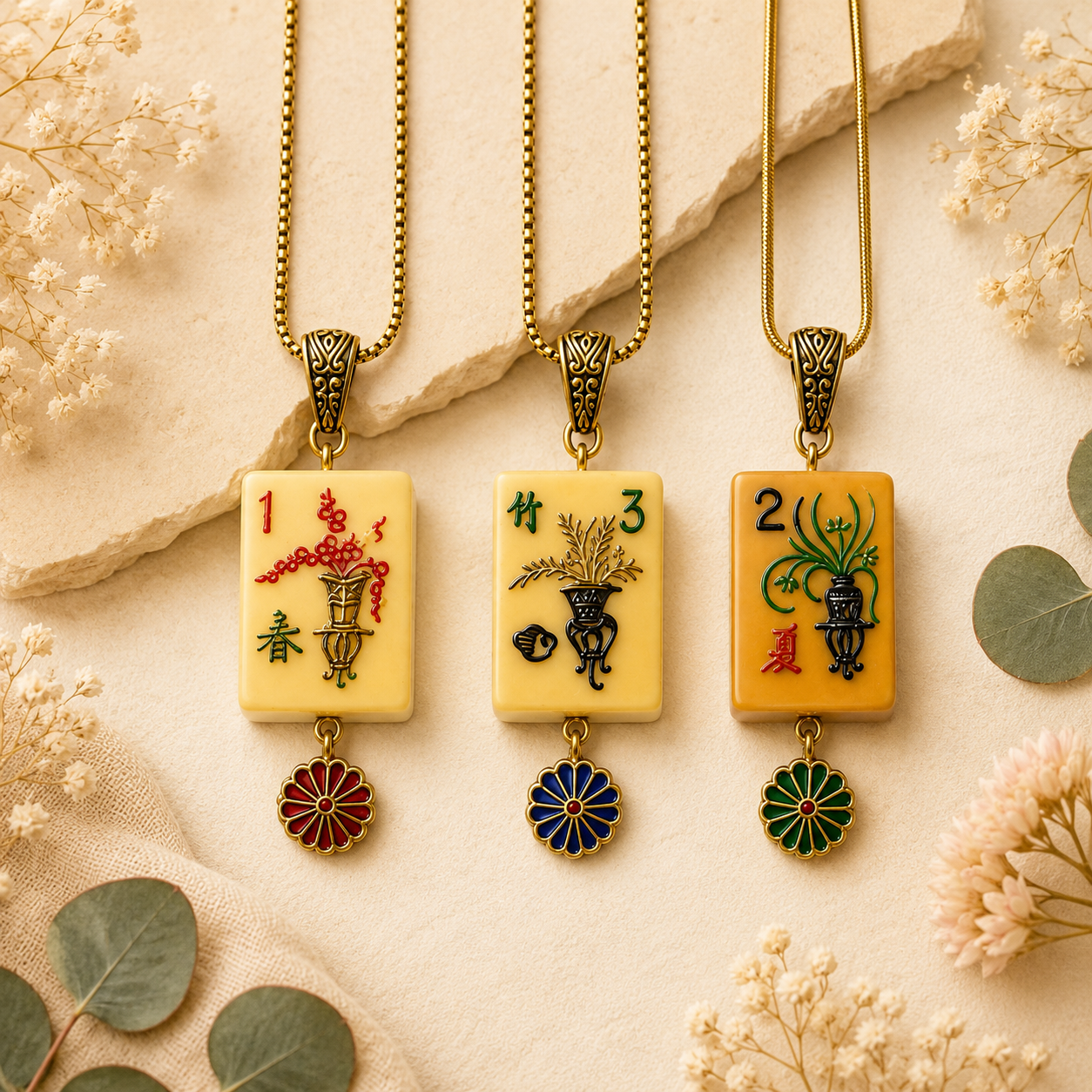 Handmade Vintage Bakelite Mah-Jongg Tile Necklace with Enamel Flower Charm