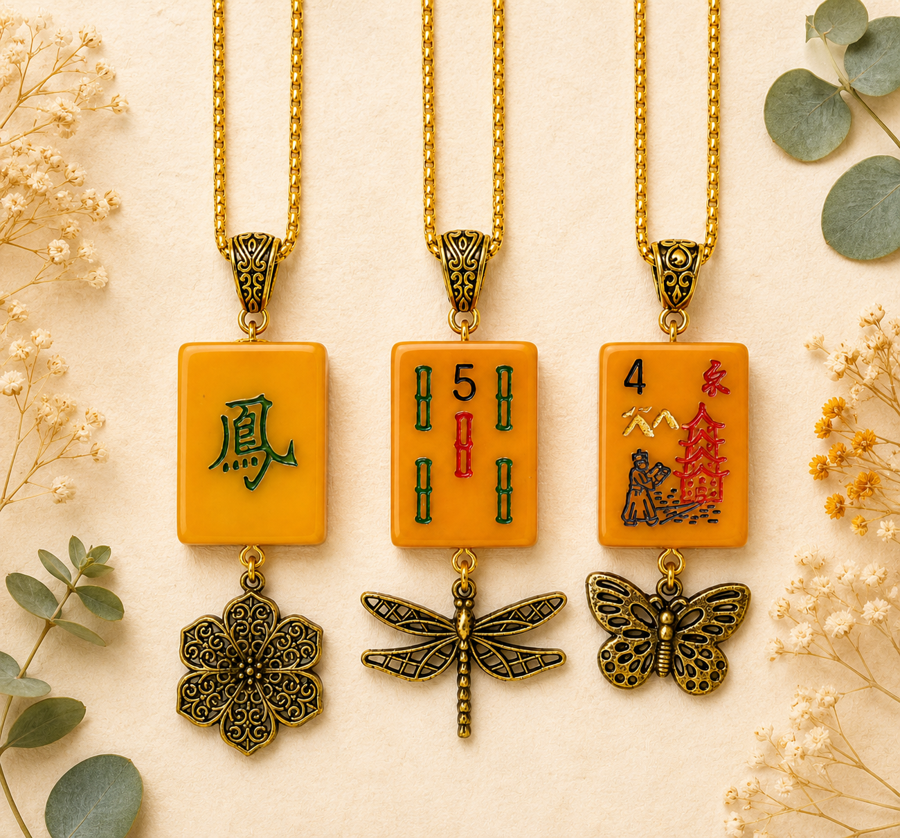 Handmade Vintage Bakelite Mah-Jongg Tile Necklace with Antiqued Gold Charm