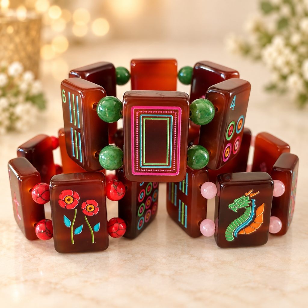 Faux Tortoise Shell Mah Jongg Tile Bracelet | Colorful Beaded Mahjong Jewelry | Gift for Mahjong Players