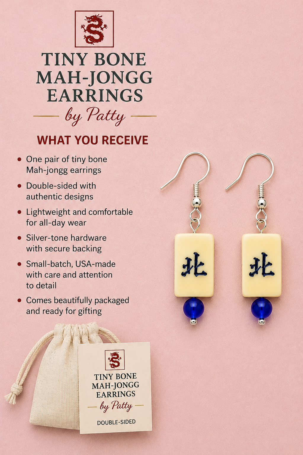 Tiny Bone Mah Jongg Earrings - Double-Sided Mahjong Earrings - Lightweight Vintage Style Earrings
