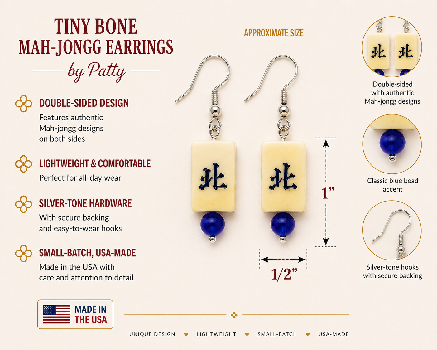 Tiny Bone Mah Jongg Earrings - Double-Sided Mahjong Earrings - Lightweight Vintage Style Earrings