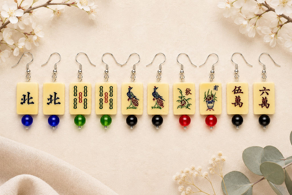 Tiny Bone Mah Jongg Earrings - Double-Sided Mahjong Earrings - Lightweight Vintage Style Earrings
