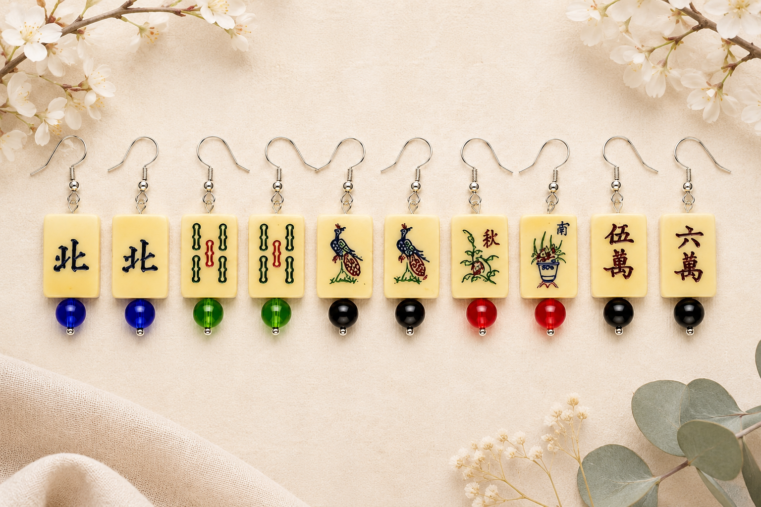 Tiny Bone Mah Jongg Earrings - Double-Sided Mahjong Earrings - Lightweight Vintage Style Earrings