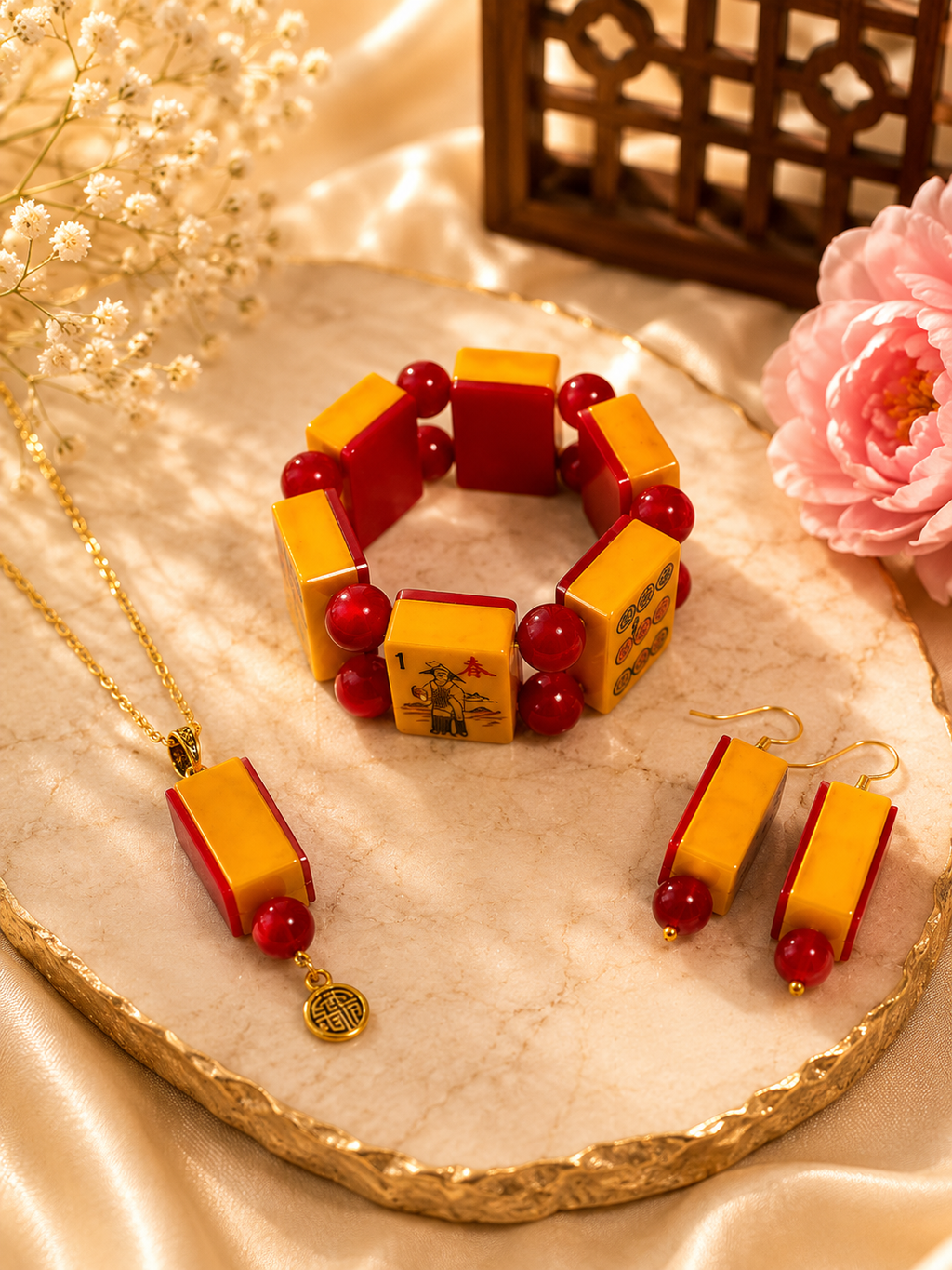 Cherry-Backed Bakelite Mah-Jongg Jewelry Set – Necklace, Earrings & Bracelet
