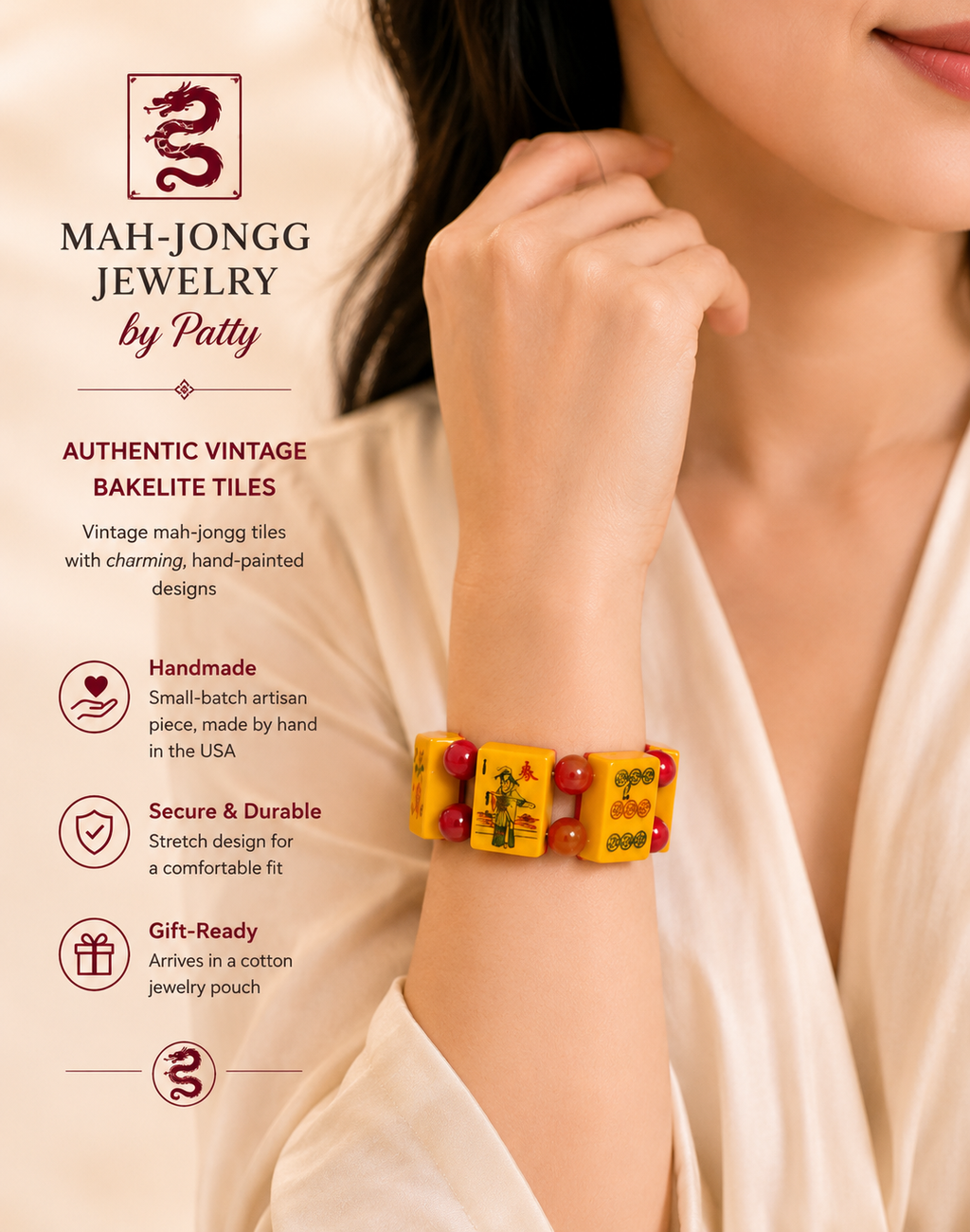 Cherry-Backed Bakelite Mah-Jongg Jewelry Set – Necklace, Earrings & Bracelet