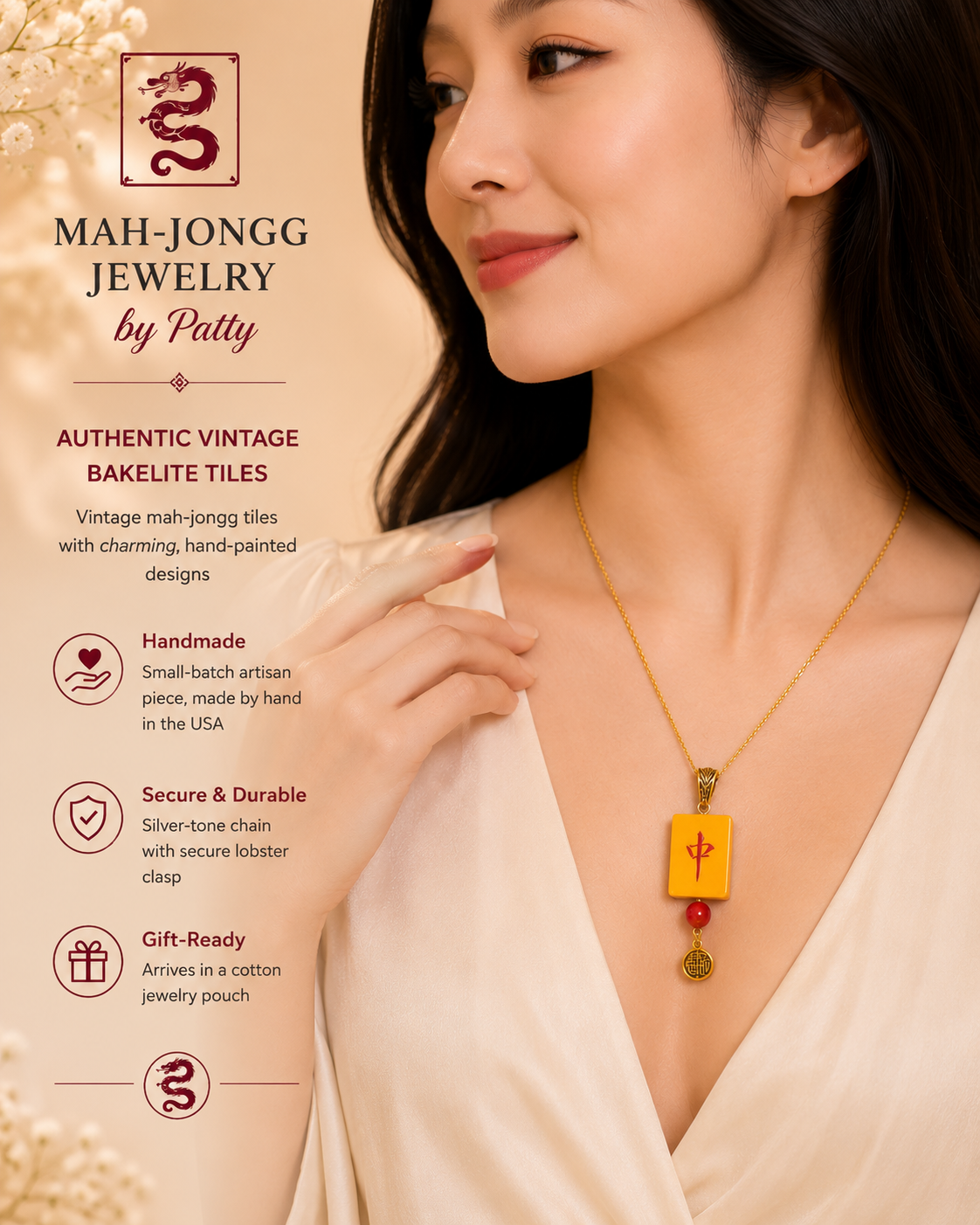 Cherry-Backed Bakelite Mah-Jongg Jewelry Set – Necklace, Earrings & Bracelet