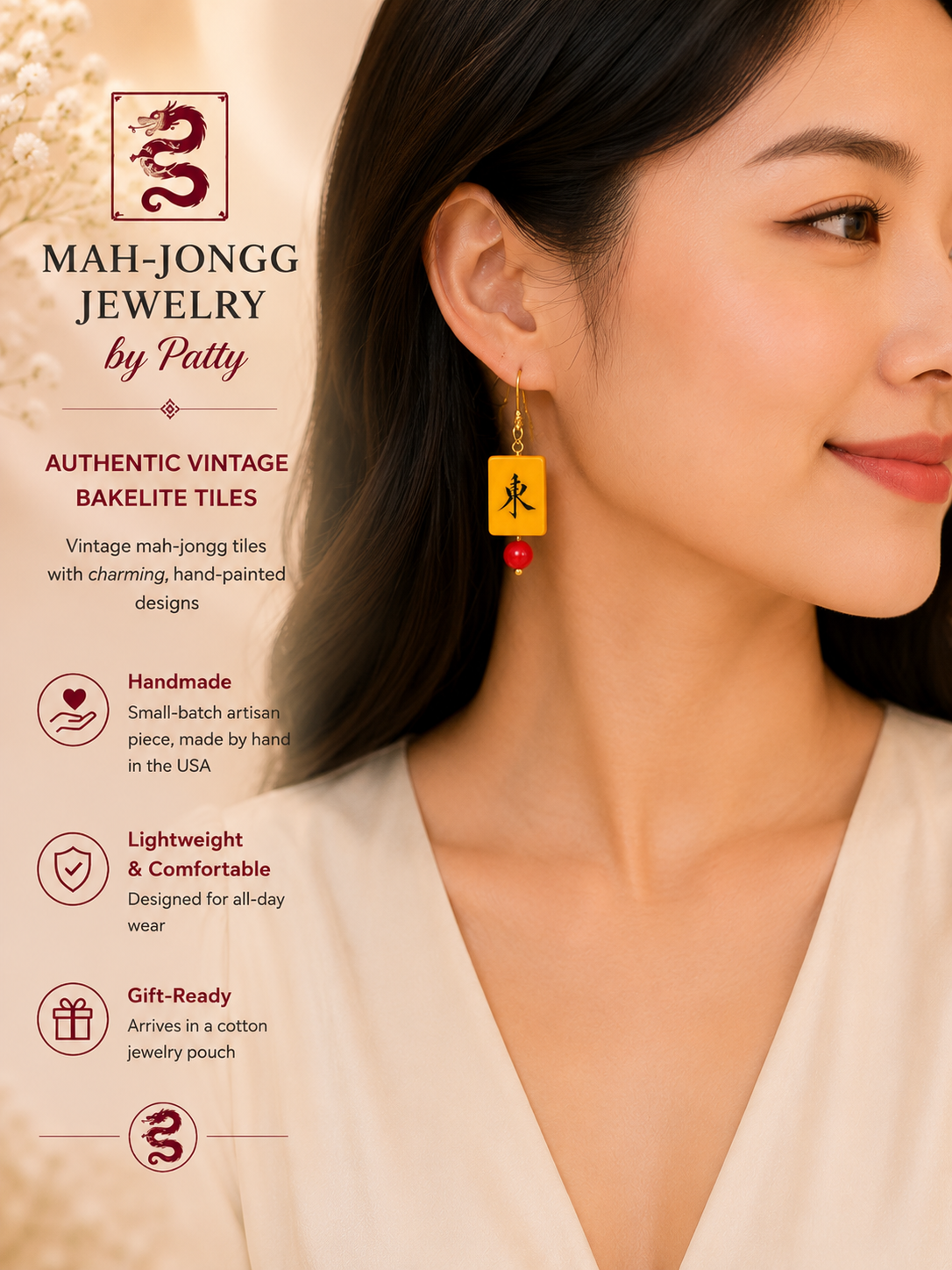 Cherry-Backed Bakelite Mah-Jongg Jewelry Set – Necklace, Earrings & Bracelet