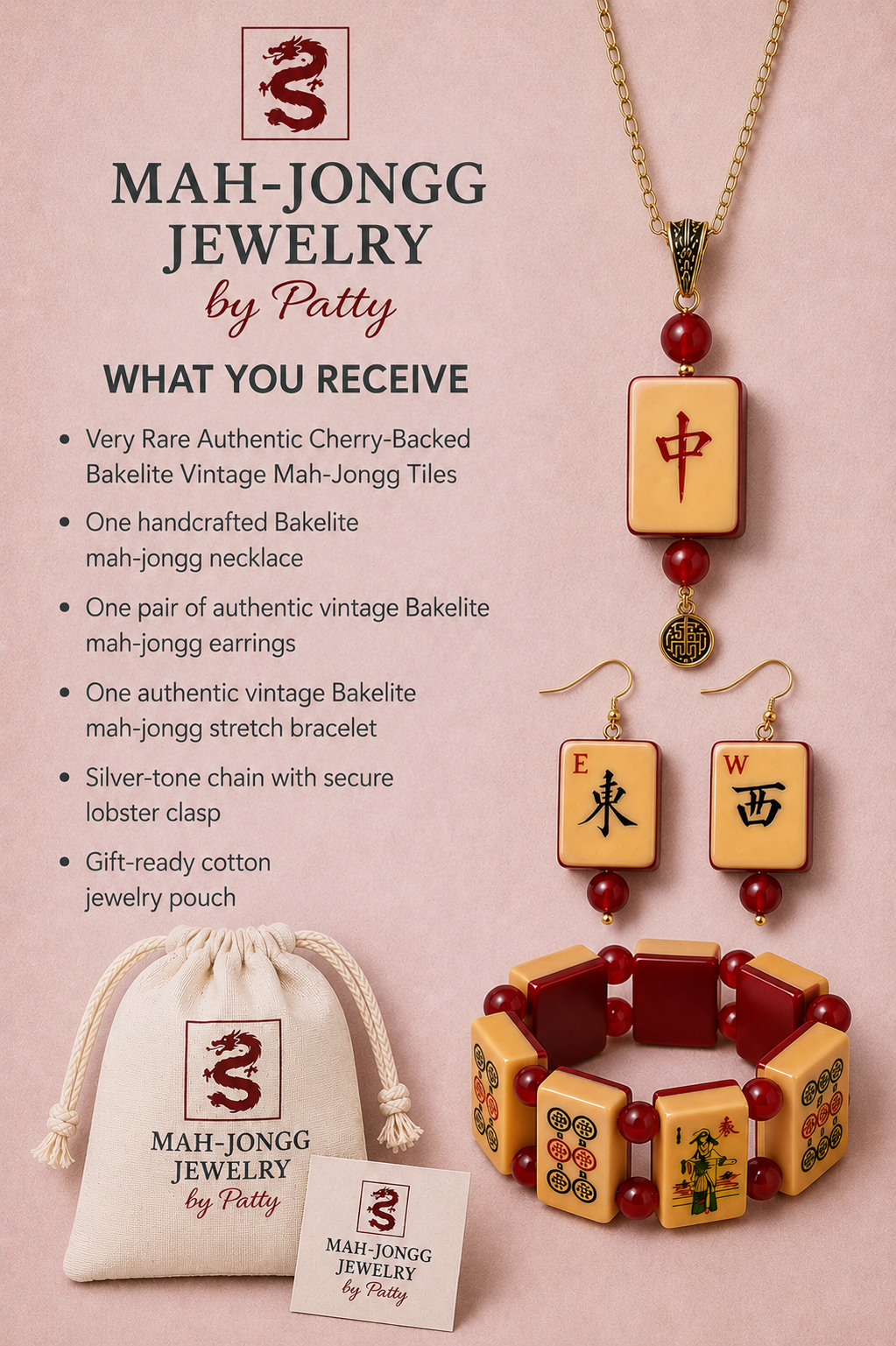 Cherry-Backed Bakelite Mah-Jongg Jewelry Set – Necklace, Earrings & Bracelet
