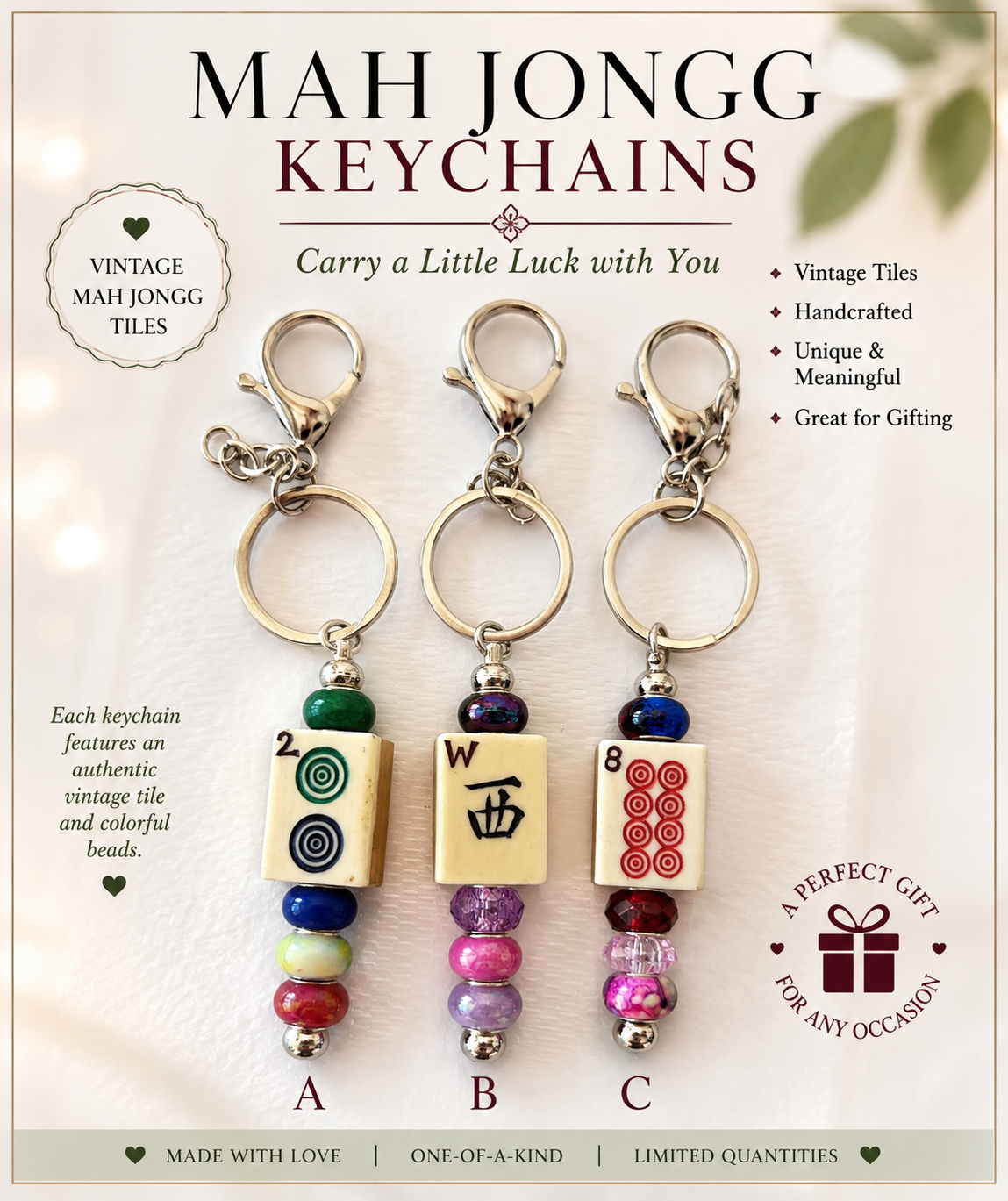 Vintage Mah-Jongg Tile Keyrings