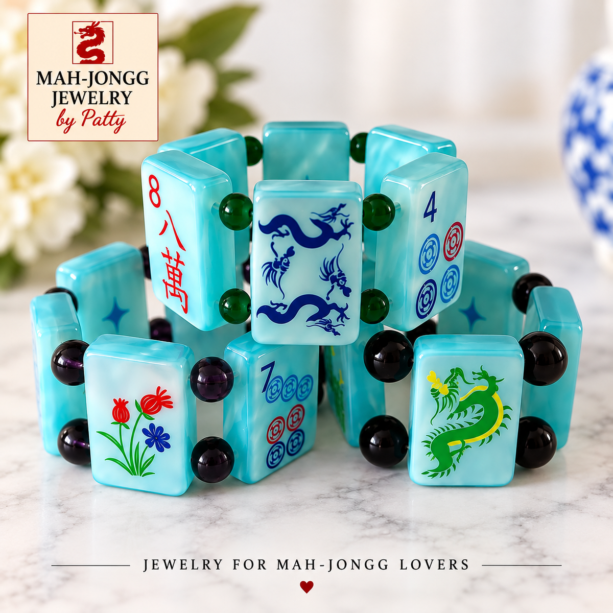 NEW!  Aqua Swirled Mah Jongg Tile Bracelet | Colorful Beaded Mahjong Jewelry | Gift for Mahjong Players